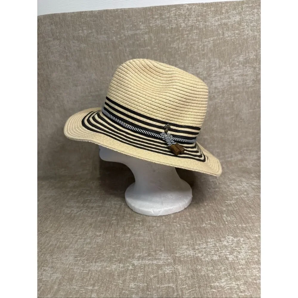 Tommy Bahama Women's Striped Woven UPF 50 Sun Straw Hat Beige Black One Size
